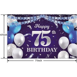Happy 75th Birthday Banner Backdrop Navy Blue Balloons Confetti Stripe Flag Light Spots Cheers to 75 Years Old Theme Decorations Decor for Women Men 75th Birthday Party Bday Supplies Glitter Silver