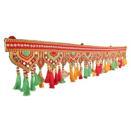 Decorative Toran Door Hanging Artificial Velvet Cloth Bandanwar Beads Leaf Design Wall Hanging for Entrance Window Home Temple for Indian Traditional Ganesha Festival Decoration(Size:-35"X7")(Red)