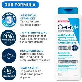 CeraVe Anti-Dandruff Hydrating Shampoo for Men & Women, Gently Cleanses Scalp & Hair While Reducing Flakes, Itchiness, and Irritation, Paraben-Free, Sulfate-Free, Suitable for All Hair Types. 355mL