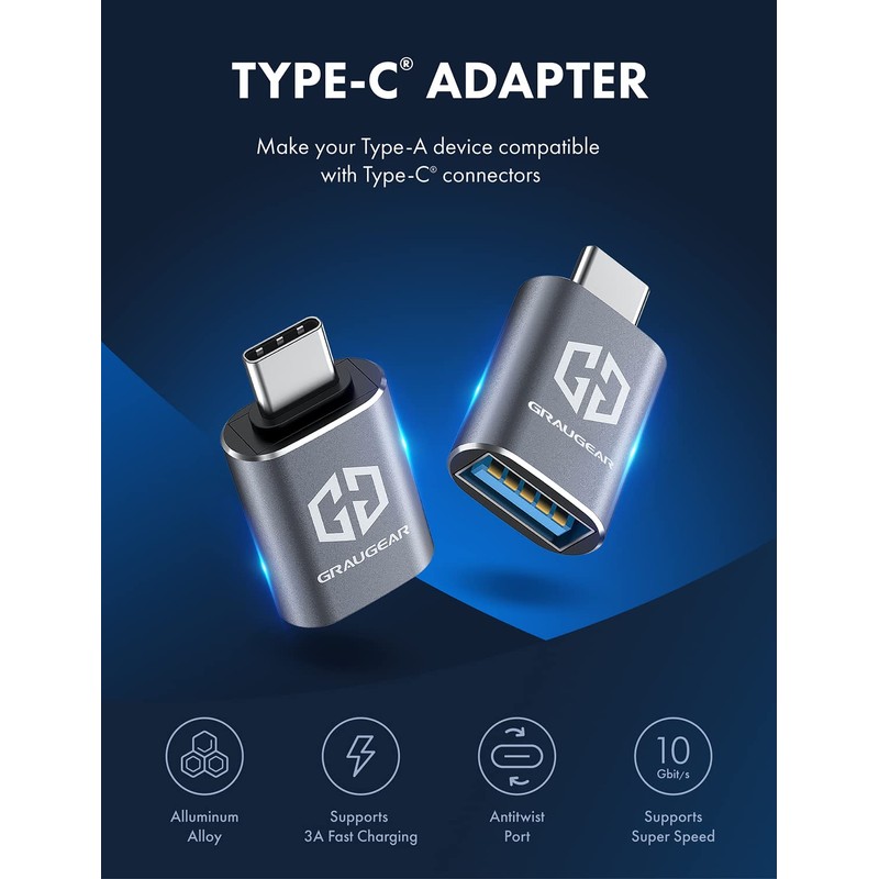 GRAUGEAR USB-C Adapter, Fast Data Transfer, Up to 10Gbps, USB
