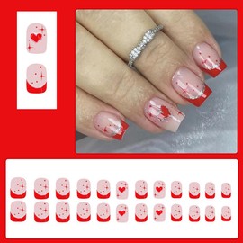 Press on Nails Short Square Fake Nails with Heart Designs Red French Tip Glue on Nails Glitter False Nails Full Cover Cute Acrylic Nail Art Kit Stick on Nails for Women Girls 24 Pcs