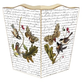 Marye-Kelley, Birds & Butterflies on Writing Tissue Box Cover Paper Maché Cubed Tissue Box Cover, Gold Trim