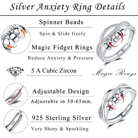 Loutade Silver Anxiety Rings, 2PCS 925 Sterling Silver Fidget Rings Set, Silver Anti-Anxiety Rings with Beads Spinner Ring, Adjustable Open Fidget Spinner Rings, Infinity Stress Worry Rings for Women