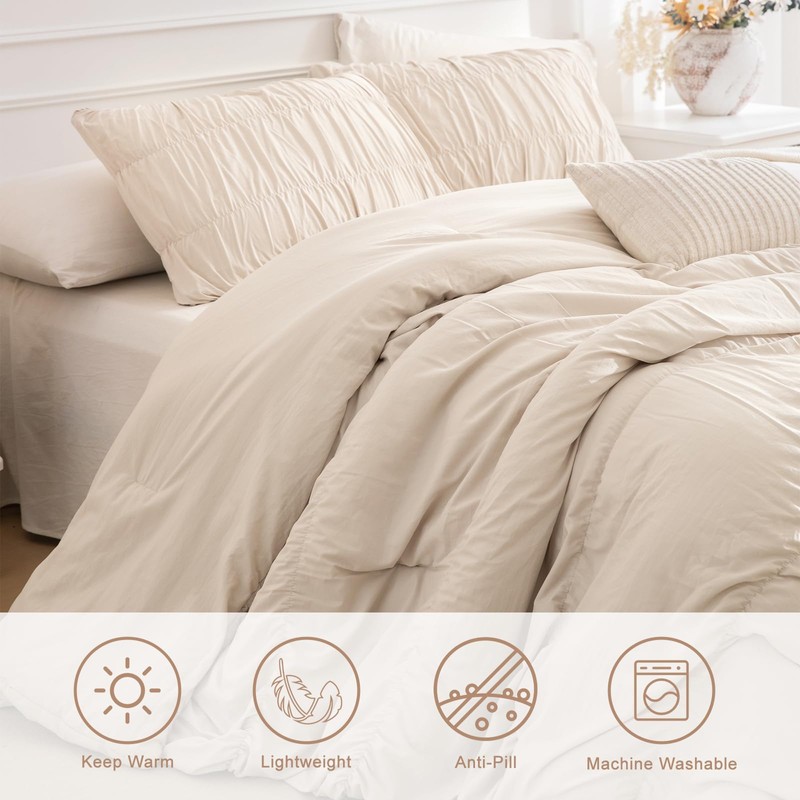 Masaca King Size Comforter Set(106"x95"),Wheat Ruched Bedding Comforter,Farmhouse Shabby Boho
