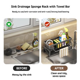 BRYN Sink Organiser, Carbon Steel Sponge Holder Kitchen with Dish Cloth Holder, Kitchen Sink Organiser with Drain Pan, for Kitchen Accessories, Sponge, Brush, Dish Soap, Bathroom (White)