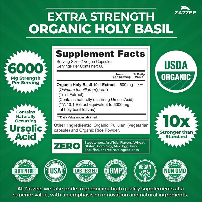 Zazzee USDA Organic Holy Basil 10:1 Extract, 6000 mg Strength,