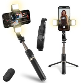 Estabilizador para Celular, Estabilizador de Cardán con Luz de Relleno, Estabilizador de Cardán para Teléfono con Mando Inalámbrico y Trípode, Rotación Automática de 360°,Estabilizador con Palo Selfie