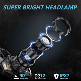 LED Headlamp Rechargeable，99000 Super Bright Head Lamp with 12 Modes & 90H Long Battery Life & IPX7 Waterproof,90° Adjustable Headlight for Outdoor Camping, Cycling, Hiking