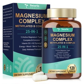 25-in-1 Magnesium Complex with Methylated B Complex Magnesium Glycinate Citrate Malate Taurate Gluconate Aspartate Carbonate D3 K2, Magnesium Supplement for Relaxation Energy & Nerve, 120 Vegan Caps