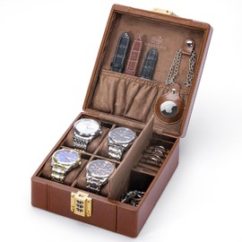 BISON DENIM Watch Box, 4 Watch Travel Case with Combination Lock - PU Leather Men's Watch Storage Box & Jewelry Organizer with Ring Slots & Necklace Hooks, Secure Travel Case, Brown