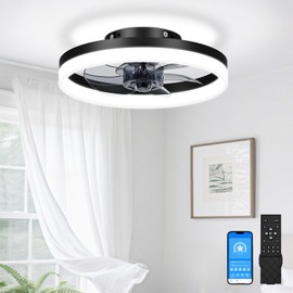 VOLISUN 13 inch Small Ceiling Fans with Lights and Remote, Low Profile Ceiling Fans with Light, 3000K-6500K Dimmable LED Ceiling Light Flush Mount, Bladeless Fandelier Ceiling Fan (Black)