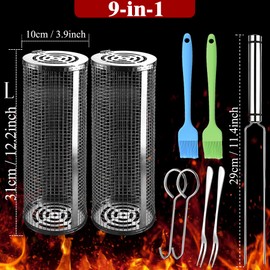 Rolling Grilling Baskets for Outdoor Grill Bbq Net Tube Stainless Steel Large Round Mesh Barbecue Accessories Wire Cylinder Cage Picnic Cooking Camping Basket for Veggies Vegetable Fish Meat