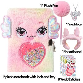 MOCETY Axolotl Diary with Lock, Gift, Secret Diary Journal Notebook with Plush Pen, 8 PCS Axolotl Stickers, Cute Axolotl Headband, Axolotl Necklace Axolotl Practical Gift for Birthday