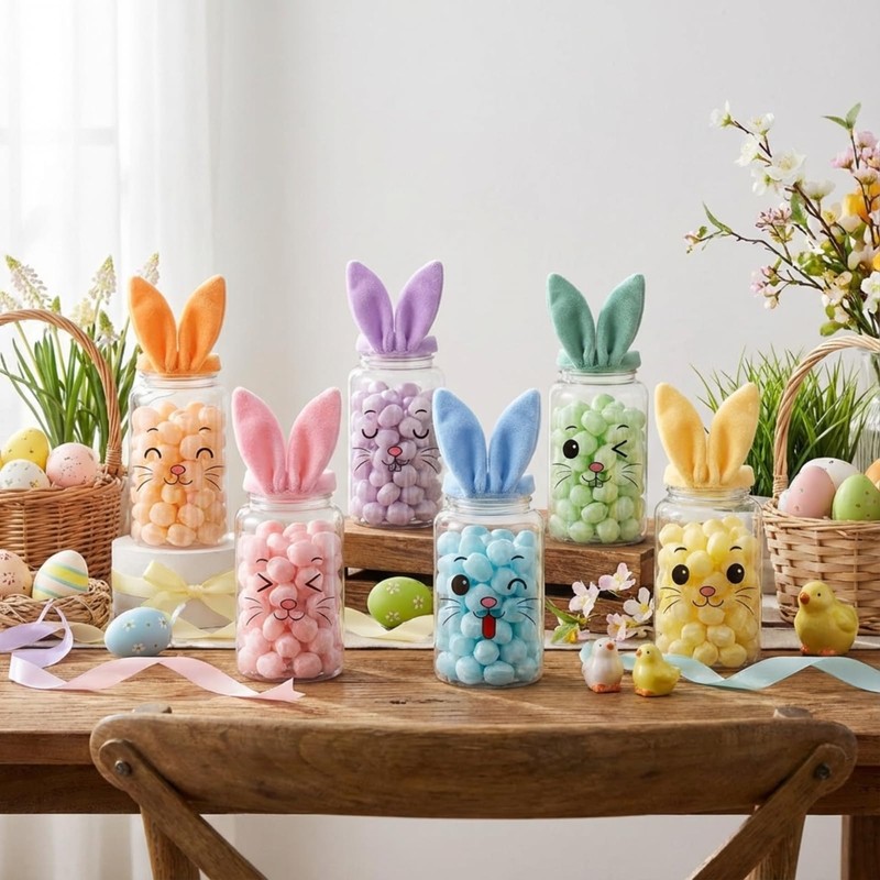 6 Pack 13.5oz Easter Candy Jars with Bunny Ear Lids
