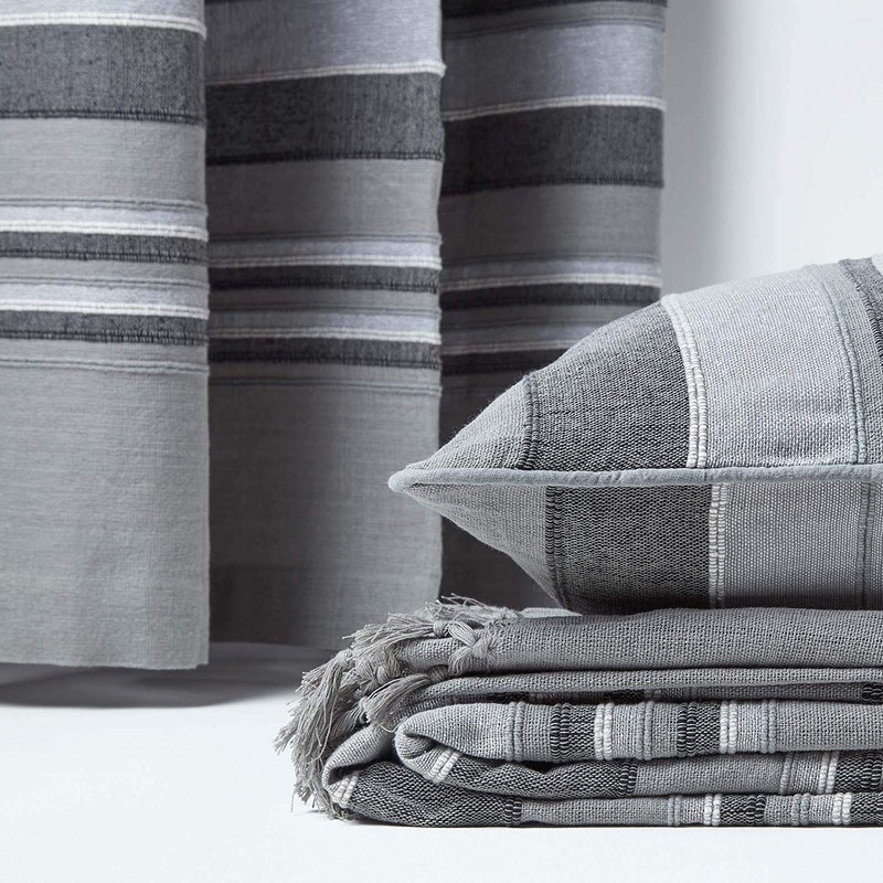 HOMESCAPES Light Grey Throw “Morocco” Cotton Textured Stripe Throw 150