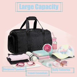 Kids Duffle Bag for Girls Dance Bag Kids Gym Bag Travel Bag for Weekender Sleepover Overnight Bag with Shoe Compartment and Wet Pocket, Leopard Black