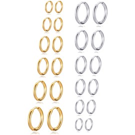 Ofeiyaa 12 Pairs Stainless Steel Huggie Hoop Earrings Black Gold Silver Cartilage Piercings Earrings Tiny Small Hoop Earrings f or Women Men 6/8/10/12/14/16mm