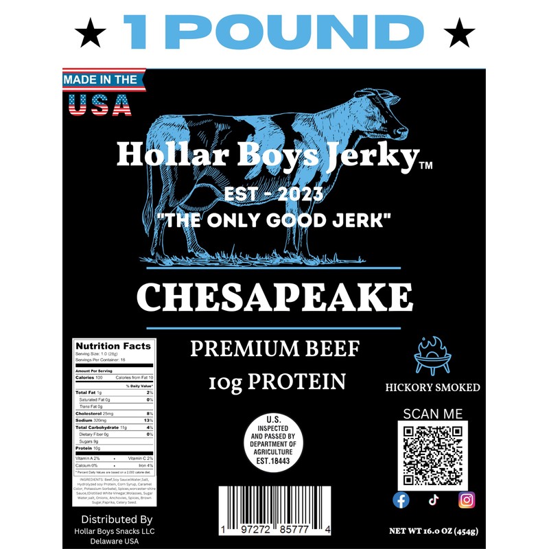 Hollar Boys Snacks Chesapeake Beef Jerky One Pound Resealable Bag,