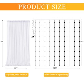 Fomcet Tulle Curtains with Lights String White 30FT X 10FT Sheer Backdrop Curtains for Parties Wedding Baby Shower Photo Shoot Decorations (6 Panels 5 x 10FT)