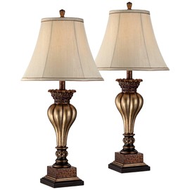 Regency Hill Senardo 30" Tall Floral Vase Large Traditional End Table Lamps Set of 2 Gold Finish Fabric Tan Shade Cottage Core Living Room Bedroom Bedside Nightstand House Office Home Reading
