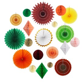 20Pcs Multi-Color Paper Fans Honeycomb Balls Decoration Kit for Woodland Safari Jungle Themed Birthday Decor Fall Party Rustic Harvest Party Colorful Baby Bridal Shower Burgundy Red Green Backdrop