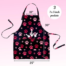 Dog Grooming Apron - Waterproof Groomer Aprons for Women, Pink Paw Prints