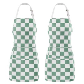 Ohocut 2 Pack Checkered Kitchen Apron, Sage Green Checkerboard Aprons for Women with Pockets, Chef Apron for Men, Waterproof Aprons for Cooking