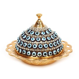 Alisveristime Coated Handmade Brass Sugar Chocolate Candy Bowl Serving Dish with Lid (Evil Eye) (Gold)