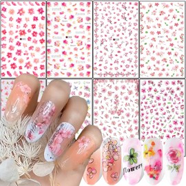 Pink Flowers Nail Art Stickers, Holographic Floral 3D Self-Adhesive Nail Sticker Design, Red Plum Peach Blossom Dry Flowers Nail Art Decals Supplies for Women Girls Manicure Spring Charms Decorations