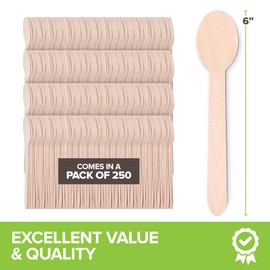 100% Wooden Disposable Spoons, (250 Count) Planet Friendly Utensils, Compostable Cutlery Spoons For Parties, Concession stands And Hosting