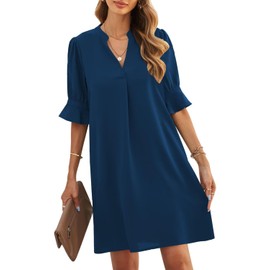 JOCAFIYE Womens Dresses Summer Casual Dress V-Neck Ruffle Short Sleeve Shift Dress Summer Dresses for Women 2025 Dark Blue XL