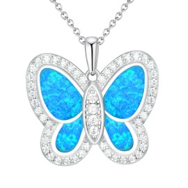 kissdove Blue Dainty Opal Butterfly Pendant Necklace - Sterling Silver Jewelry for Women with Adjustable 18-20 Inch Chain, Gift Box Included