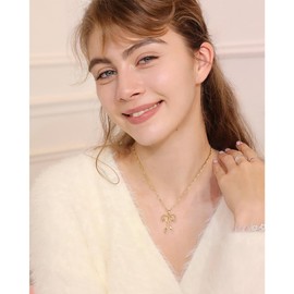 FAUTHENTICUTE Gold Bow Necklaces For Women Gold Plated Waved Chain And Bow Pendant Necklaces