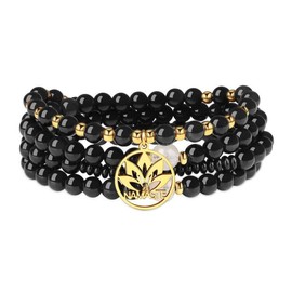 COAI Namaste Charm 108 Mala Beads Wrap Bracelet Stone Beaded Necklace, Black Obsidian Necklace