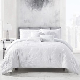 Chezmoi Collection Sara 7-Piece White Embroidered Comforter Set Full Size - Textured Geometric Stripe Lightweight Bedding for All Season