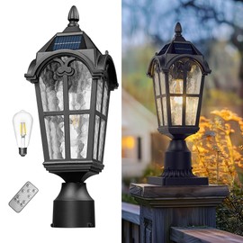 Emliviar 17.3 Inch Solar Lamp Post Light in Black Finish, Dusk to Dawn Outdoor Light Fixture with Remote Control, Pole Light with Water Grain Glass Shade, LED Bulb Included, YXE302P-SL BK