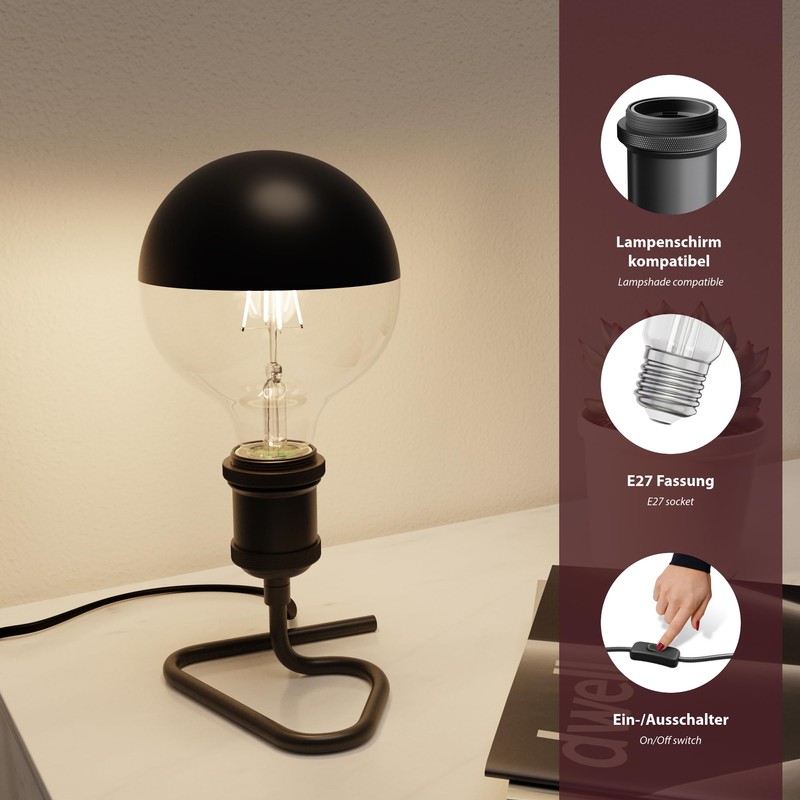 ledscom.de Retro Table Lamp, Switch, Black, 1x E27 Max. 60