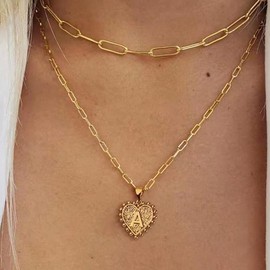 HSWYFCJY Gold Initial Necklaces for Women Layered Letter Pendant Necklace 14K Gold Plated Layered Paperclip Chain Necklace Dainty Layered Heart Letter Pendant Necklace for Women Girls(Gold P)