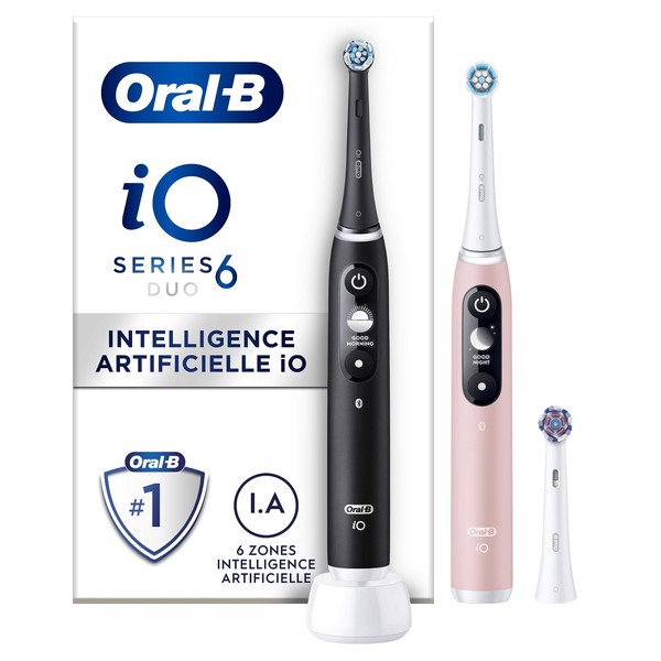 Oral-B iO 6 Brosses À Dents Électriques Lot De 2 Noire Et Rose, Manches Avec Écran Noir Et Blanc Connectés Bluetooth, 3 Brossettes, 1 unité (Lot de 1)