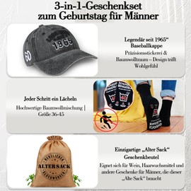 TUZELIYA Birthday Gifts for Men - 3 in 1 Old Sack Gift Bag with Baseball Cap and Socks - Funny Gifts for Dad Husband Grandpa Husband Boyfriend, Grey-70, 58