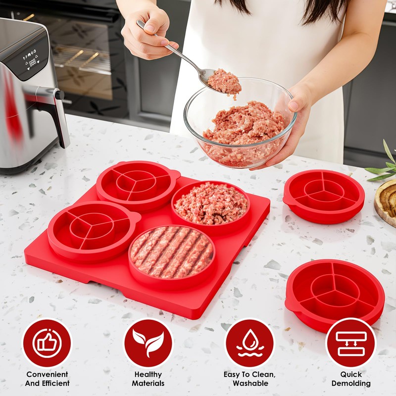 Hamburger Patty Press Maker, Silicone Burger Press Mold with Lid,4