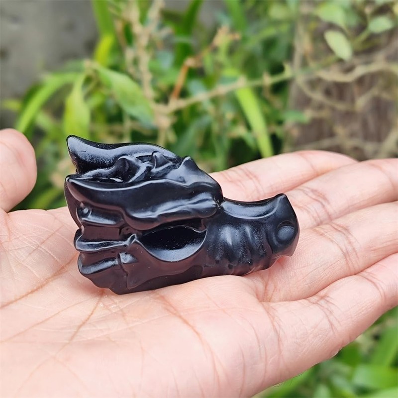 TEAMWILL 2" Natural Obsidian Crystal Dragon Head Statue Realistic Black