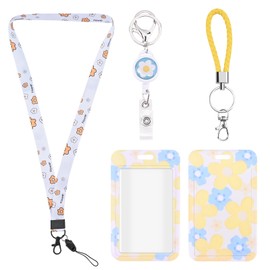Temiary 1 Set ID Badge Holders with Detachable Retractable Lanyards, Cute Floral Badge Reel Keychain Protector Clips, Clear Visual Window, Vertical Card Holder for Nurses Office School Travel (Yellow)