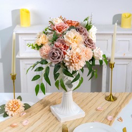 Artificial Flowers Combo Set Fake Dusty Pink Bouquet w/Stems Box Mix Faux Silk Dahlia Roses Bulk for Wedding Arrangements DIY Bridal Floral Baby Shower Table Centerpieces Birthday Party Home Decor