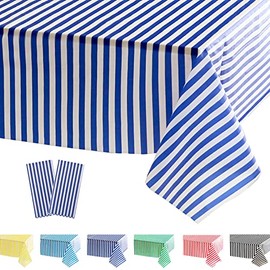 POPOYU Pack of 2 Dark Blue Striped Tablecloths, Dark Blue Striped and White Stripes Tablecloths, Children's Party Decorations, Plastic Tablecloth for Children's Birthday, Picnic