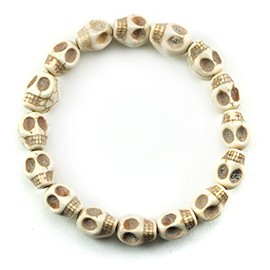 Men's Skull Bracelet White Skulls Solid Strand Stretchy Adjustable Mans, 8" 9"