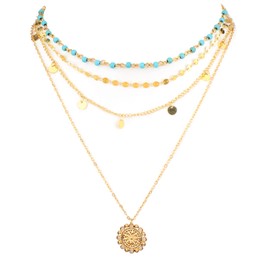 LUTER Boho Necklaces for Women, Layered Boho Necklaces Turquoise Coin Necklace with Glitter Sequin Tassel Bohemia Jewelry for Women and Girls Gold