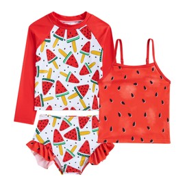Kinberr Girls Bathing Suit Swimsuits 3 Piece Red Watermelon Print Rash Guard Kids Quick Dry Beach Bikini Sets Size 3t 4t