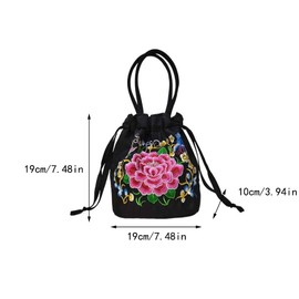 Embroidered Women Floral Handbags Silk Brocade Drawstring Jewelry Pouch Bag Women Purse Wallets Bucket Bag Vintage Hobo Tote Bag, Black