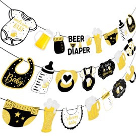 Beer and Bibs Party Banners 3pcs Beer And Diaper Party Decoration A Baby is Brewing Baby Shower Banner Decorations for Pregnancy Diaper Huggies and Chuggies Party Supplies Black Gold